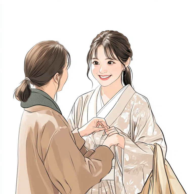 振袖と小物を親子で選ぶ女性のイラスト