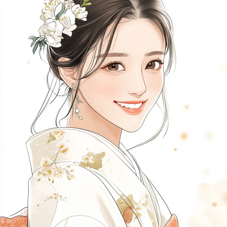 振袖姿で前撮りをする女性のイラスト